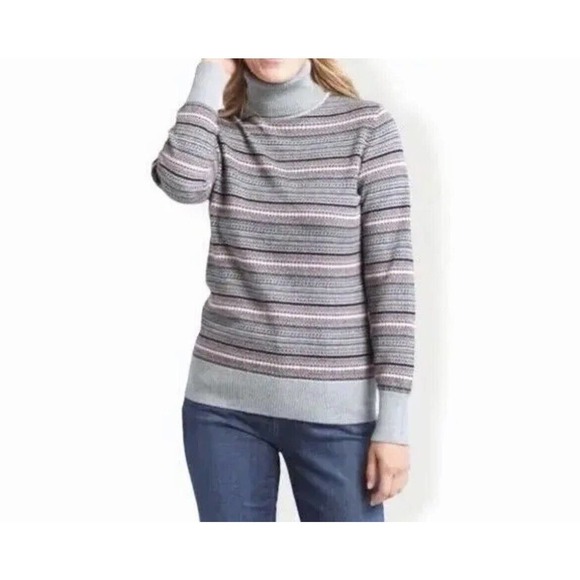 LL Bean Gray Fair Isle Turtleneck Sweater Size L Cotton Cashmere blend - Picture 1 of 12